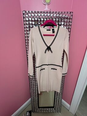 Moda International soft pink V-Neck Sweater Dress with Black lace Trim